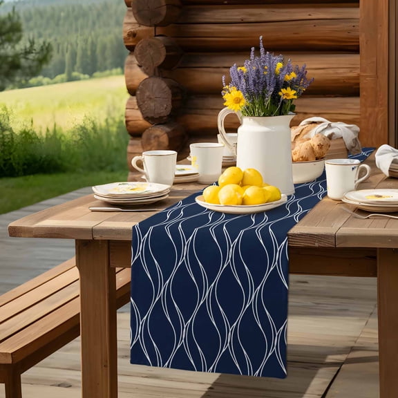 Abstract Navy Blue Waves Line Table Runner 13x90in Non-Slip Cotton Linen Table Runners, Classic White Striped Wavy Dresser Scarves TableRunner for Dinner Kitchen Dining Wedding Party