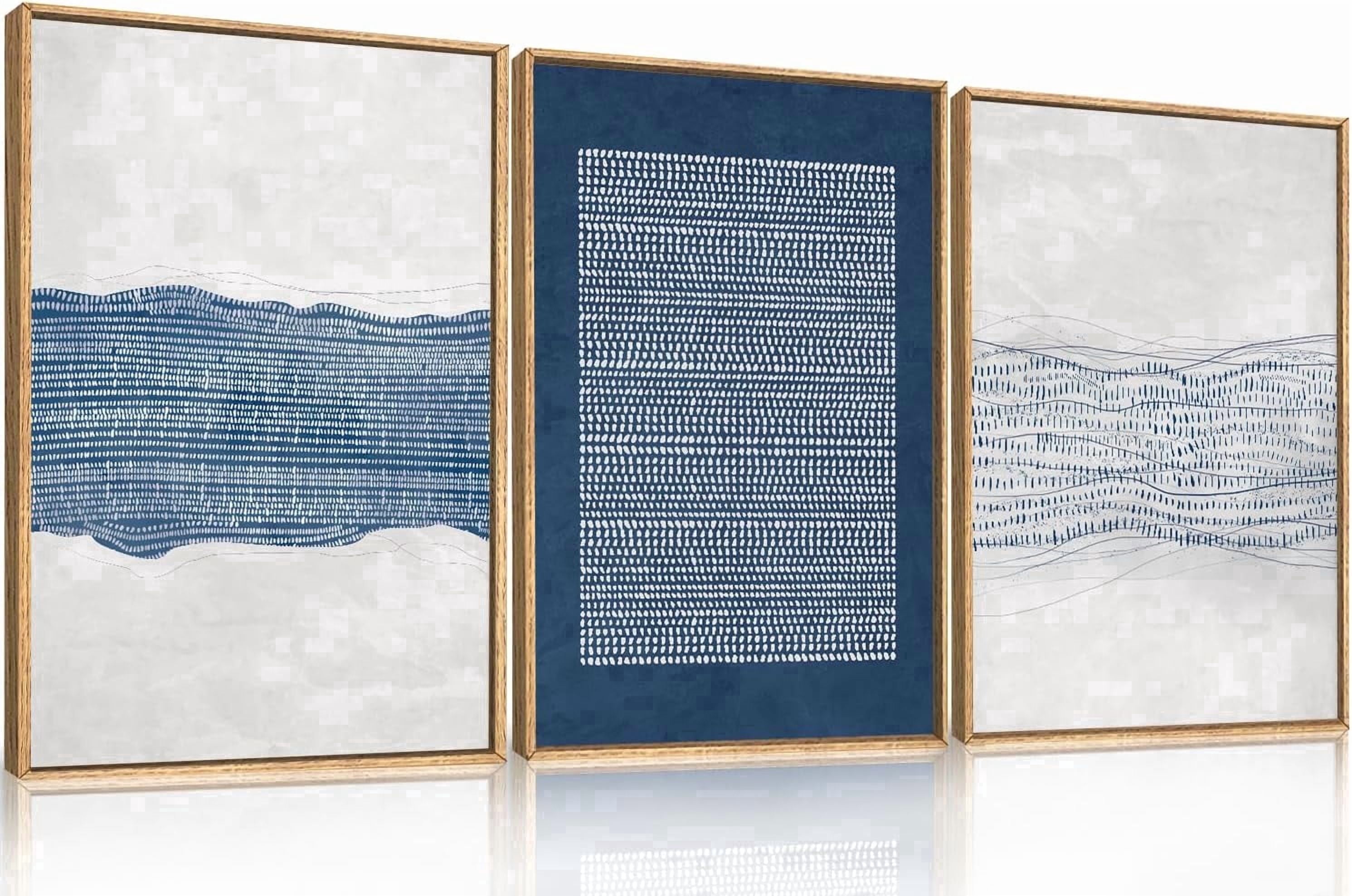 Abstract Navy Blue and White Framed Canvas Wall Art,Minimalist Boho Waves Lines Wall Decor,Modern Mid Century Artwork,Neutral Geometric Art Print for Living Room,Bedroom,Office-16 x24 x3