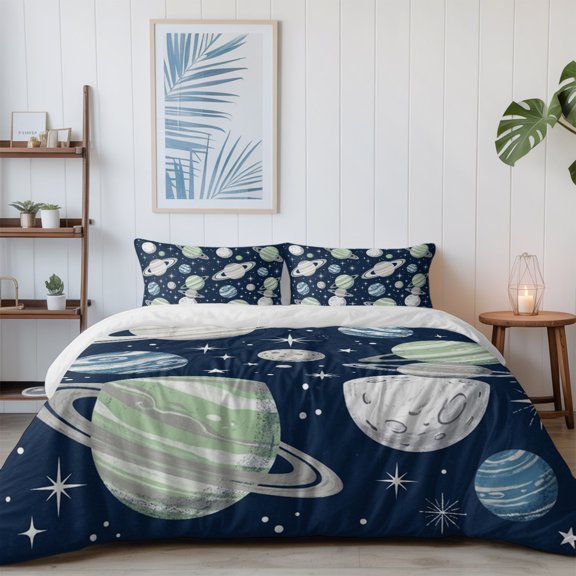 Abstract Navy White Sage Planets Stars California King Size Bed Set,Saturn Rings Bedding for All Seasons,4 Pcs Bed Set with 1 Quiltcover (96"x104"),1 Sheet (110"x98"),2 Pillowcases (20"x36")
