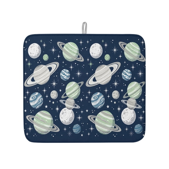 Abstract Navy White Sage Planets Stars Dish Drying Mats for Kitchen Counter,Absorbent Microfiber Dish Drainer Rack Mat Saturn Rings Drying Pad for Sinks,Utensils,Countertops,16x18in