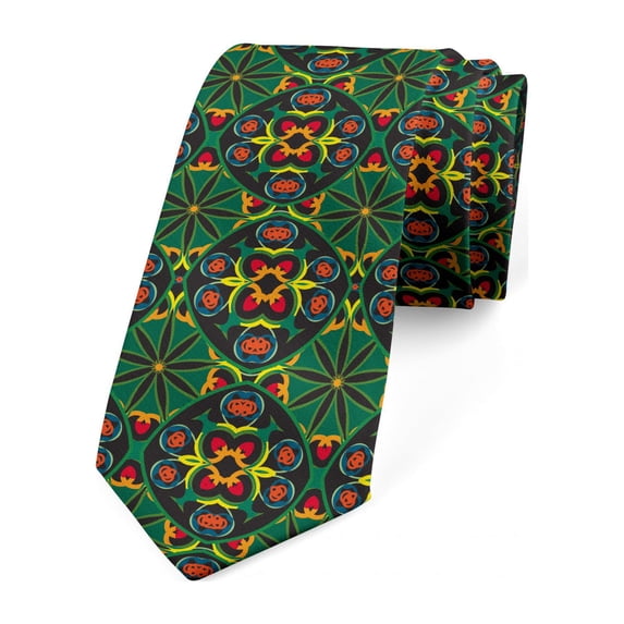 Abstract Necktie, Rhythmic Flowers Motif, Dress Tie, 3.7", Forest Green and Multicolor, by Ambesonne