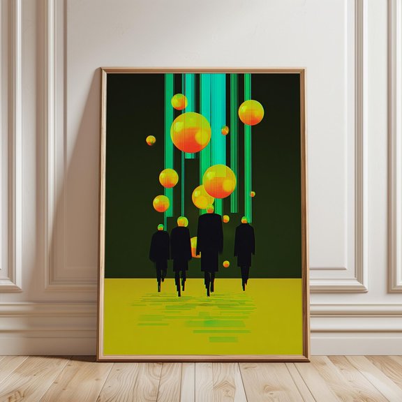 Abstract Neon Floating Orbs Futuristic Minimalist Wall Decor Cyberpunk Geometric Art Print, Unframed Paper Print