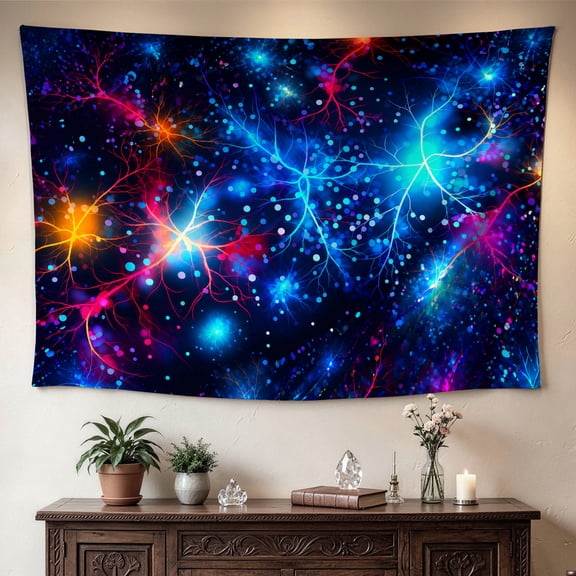 Abstract Neon Neural Network Science Fiction Wall tapestry, Large size Printed Horizontal Tapestry blanket, Polyester Fabric Wall Hanging for living room, bedroom, No Installation Required, Indoor, O