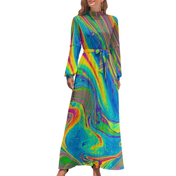 Abstract Neon Paint Dress High Waist Splatter Art Print Graphic Boho Beach Dresses Streetwear Long Maxi Dress Vintage Clothes