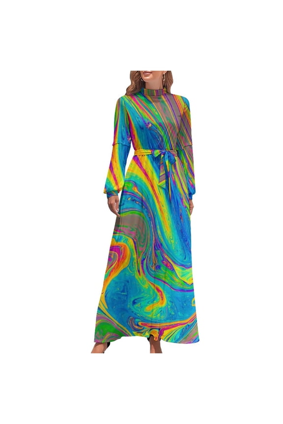 Abstract Neon Paint Dress High Waist Splatter Art Print Graphic Boho Beach Dresses Streetwear Long Maxi Dress Vintage Clothes