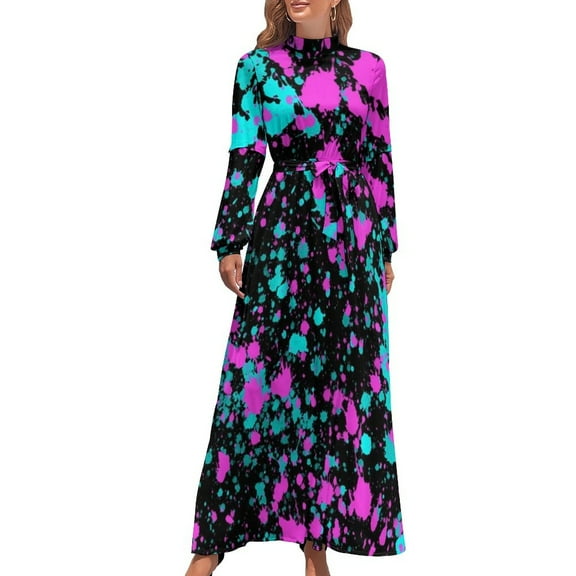 Abstract Neon Paint Dress High Waist Splatter Art Print Graphic Boho Beach Dresses Streetwear Long Maxi Dress Vintage Clothes