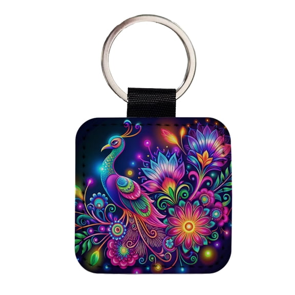 Abstract Neon Peacock Floral Design Faux Leather Square Keychain