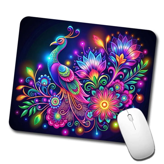 Abstract Neon Peacock Floral Design Mouse Pad Low Profile Gaming Mat