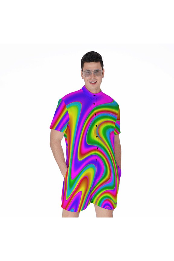 Abstract Neon Trippy Short Sleeve Men'S Rompers Casual Summer Jumpsuits Outfit