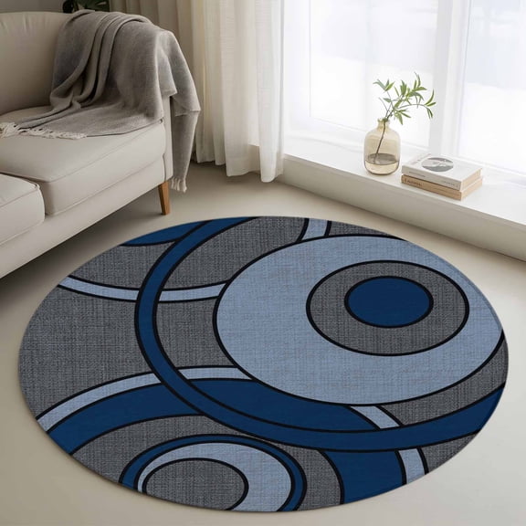 Abstract Nested Rings 3FT Round Area Rug Cool-tone Blue White Concentric Circle Soft Small Round Rugs Non-Slip, Ultra-Thin Washable Rug Low Pile Circle Carpet for Bedroom Kitchen Nursery
