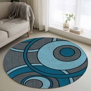 Abstract Nested Rings 4FT Round Area Rug Blue White Concentric Circle Gray Soft Small Round Rugs Non-Slip, Ultra-Thin Washable Rug Low Pile Circle Carpet for Bedroom Kitchen Nursery