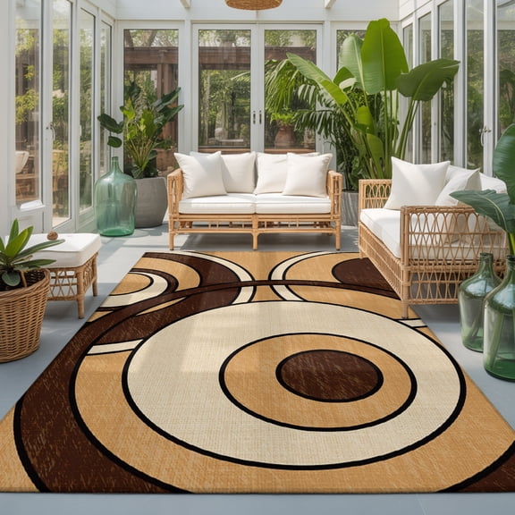 Abstract Nested Rings 9'x12' Large Area Rugs Retro Brown Cream Concentric Circles Washable Area Rugs Non-Slip Indoor Floor Mats Large Carpet for Living Room Bedroom Dining Room