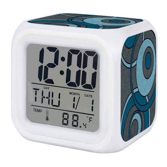 Abstract Nested Rings Alarm Clock, Blue White Concentric Circle Gray Digital Clock Night Light with 7 Color, Calendar Temperature Display, LED Desk Small Clock for Bedrooms Bedside Living Room