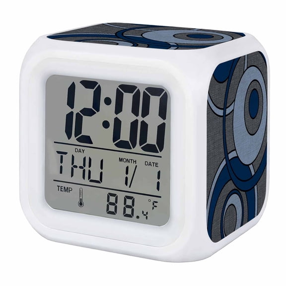 Abstract Nested Rings Alarm Clock, Cool-tone Blue White Concentric Circle Digital Clock Night Light with 7 Color, Calendar Temperature Display, LED Desk Small Clock for Bedrooms Bedside Living Room