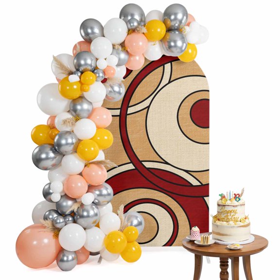 Abstract Nested Rings Arch Backdrop Cover 4FT Retro Red Cream Concentric Circles Spandex Fitted Arch Covers Stretchy Backdrop Decoration for Wedding Birthday Graduation Party