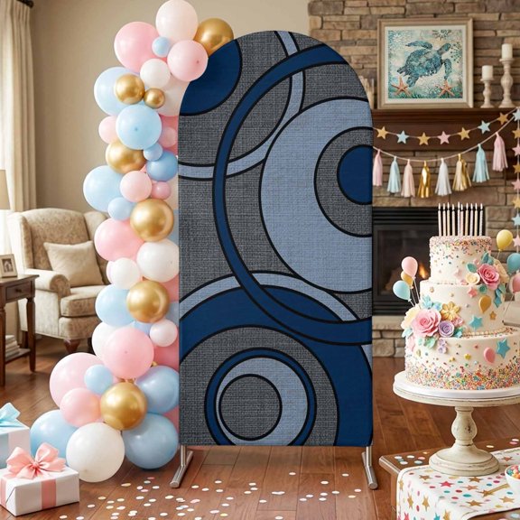 Abstract Nested Rings Arch Backdrop Covers 4 FT, Cool-tone Blue White Concentric Circle Stretchy Fitted Arched Stand Covers Party Arch Stand Cover Photo Booth for Wedding Birthday Decor