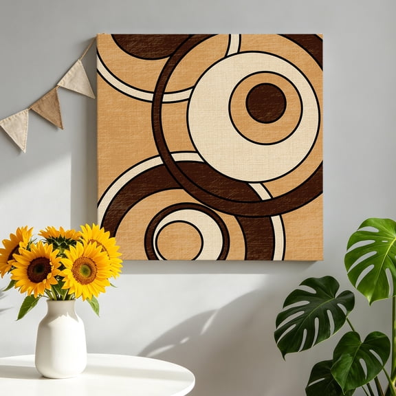 Abstract Nested Rings Canvas Wall Art, Retro Brown Cream Concentric Circles Pictures Wall Decor Wooden Framed Artwork Art Prints for Living Room Hallway Bedroom Office 16"x16"