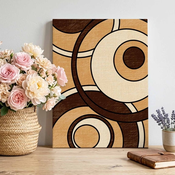 Abstract Nested Rings Canvas Wall Art, Retro Brown Cream Concentric Circles Pictures Wall Decor Wooden Framed Artwork Art Prints for Living Room Hallway Bedroom Office 24"x32"