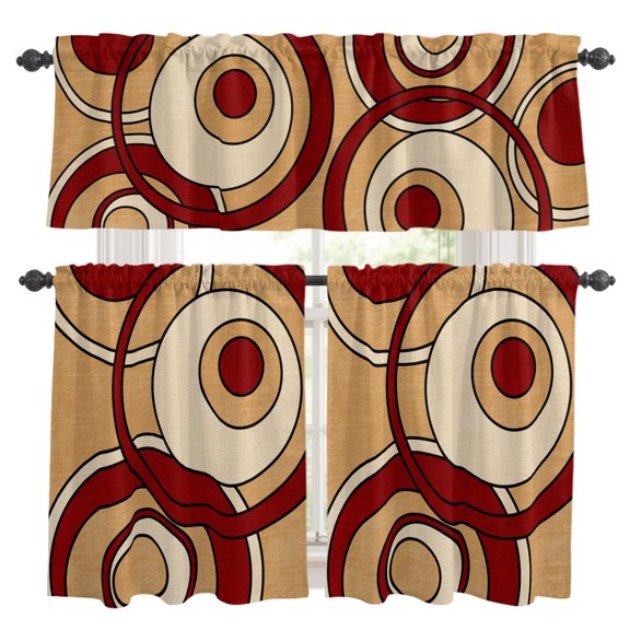 Abstract Nested Rings Kitchen Curtains Valances 3 Piece Set, Retro Red Cream Concentric Circles Rod Pocket Tier Curtain and Valance Drapes for Small Window 24 Inch Length for Bedroom Cafe