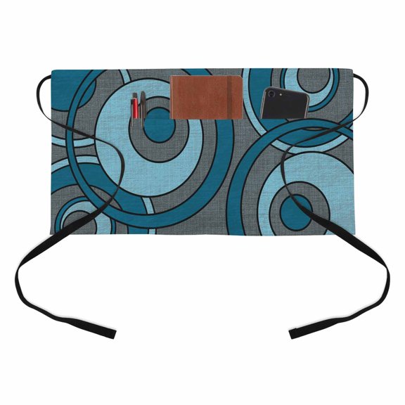 Abstract Nested Rings Kitchen Restaurant Half Waist Apron, Blue White Concentric Circle Gray Server Short Apron with 3 Pockets Waterproof Oil Waist Aprons for Women Waitress Waiter