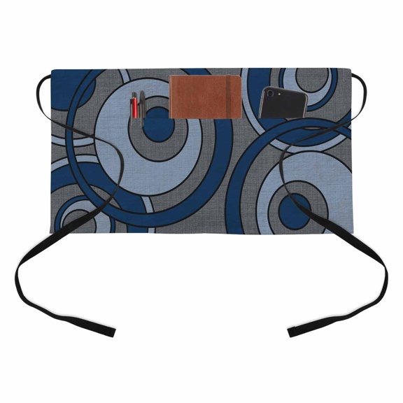 Abstract Nested Rings Kitchen Restaurant Half Waist Apron, Cool-tone Blue White Concentric Circle Server Short Apron with 3 Pockets Waterproof Oil Waist Aprons for Women Waitress Waiter