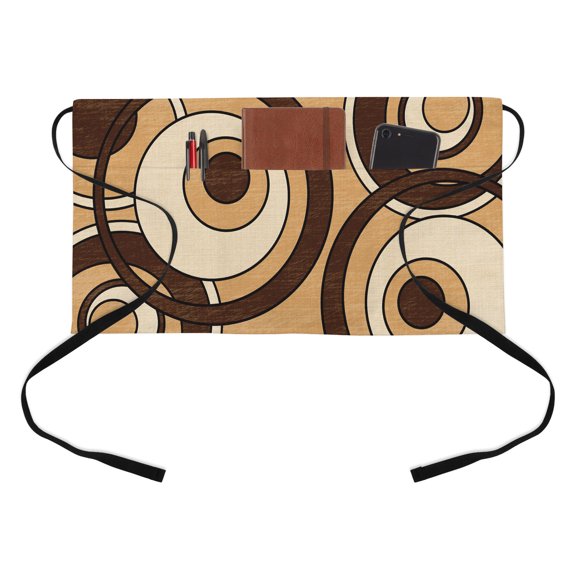 Abstract Nested Rings Kitchen Restaurant Half Waist Apron, Retro Brown Cream Concentric Circles Server Short Apron with 3 Pockets Waterproof Oil Waist Aprons for Women Waitress Waiter