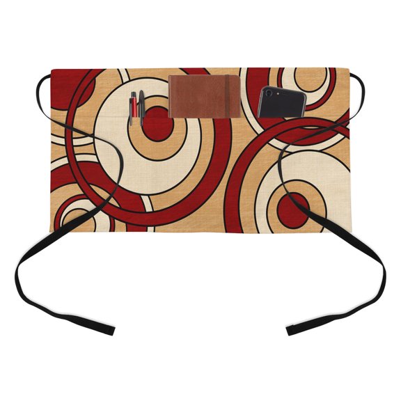 Abstract Nested Rings Kitchen Restaurant Half Waist Apron, Retro Red Cream Concentric Circles Server Short Apron with 3 Pockets Waterproof Oil Waist Aprons for Women Waitress Waiter