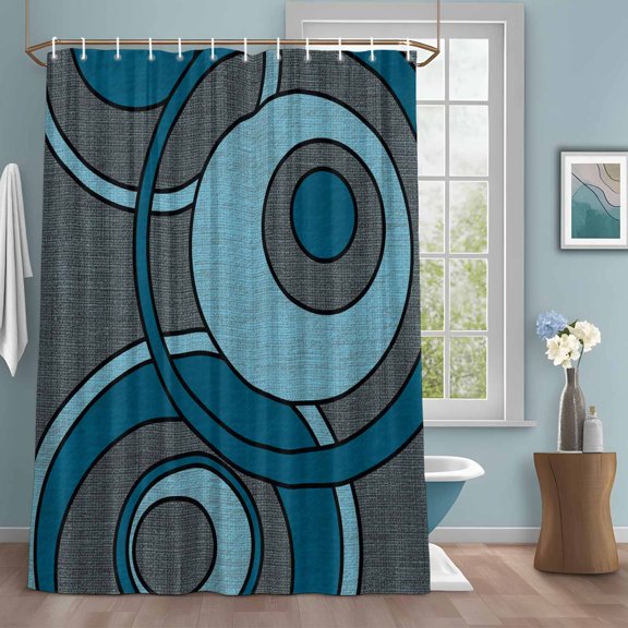 Abstract Nested Rings Shower Curtain with Hooks, Blue White Concentric Circle Gray Water Repellent Shower Curtains for Bathroom Decor Sturdy Shower Curtain, Machine Washable 72x72 Inch
