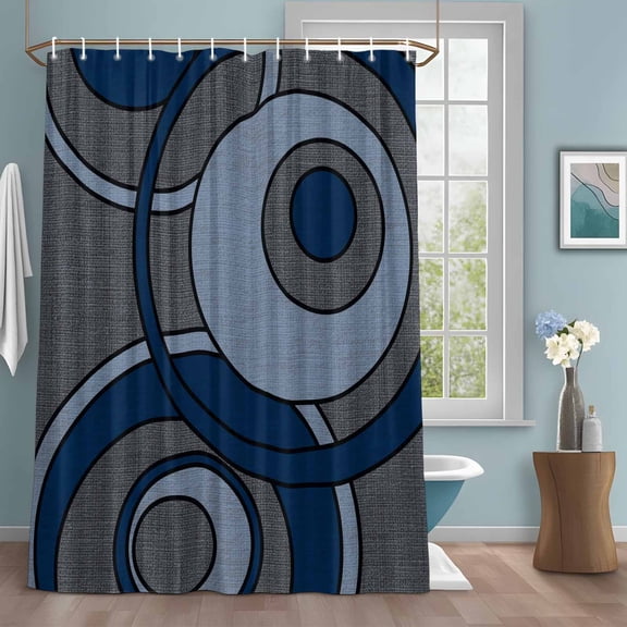Abstract Nested Rings Shower Curtain with Hooks, Cool-tone Blue White Concentric Circle Water Repellent Shower Curtains for Bathroom Decor Sturdy Shower Curtain, Machine Washable 72x72 Inch