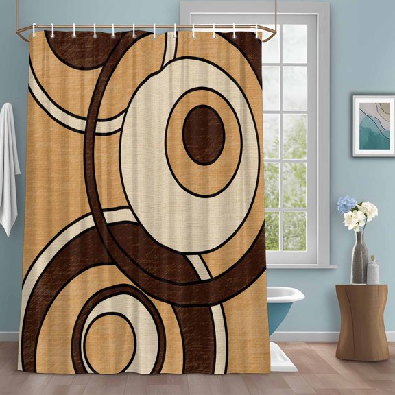 Abstract Nested Rings Shower Curtain with Hooks, Retro Brown Cream Concentric Circles Water Repellent Shower Curtains for Bathroom Decor Sturdy Shower Curtain, Machine Washable 72x72 Inch