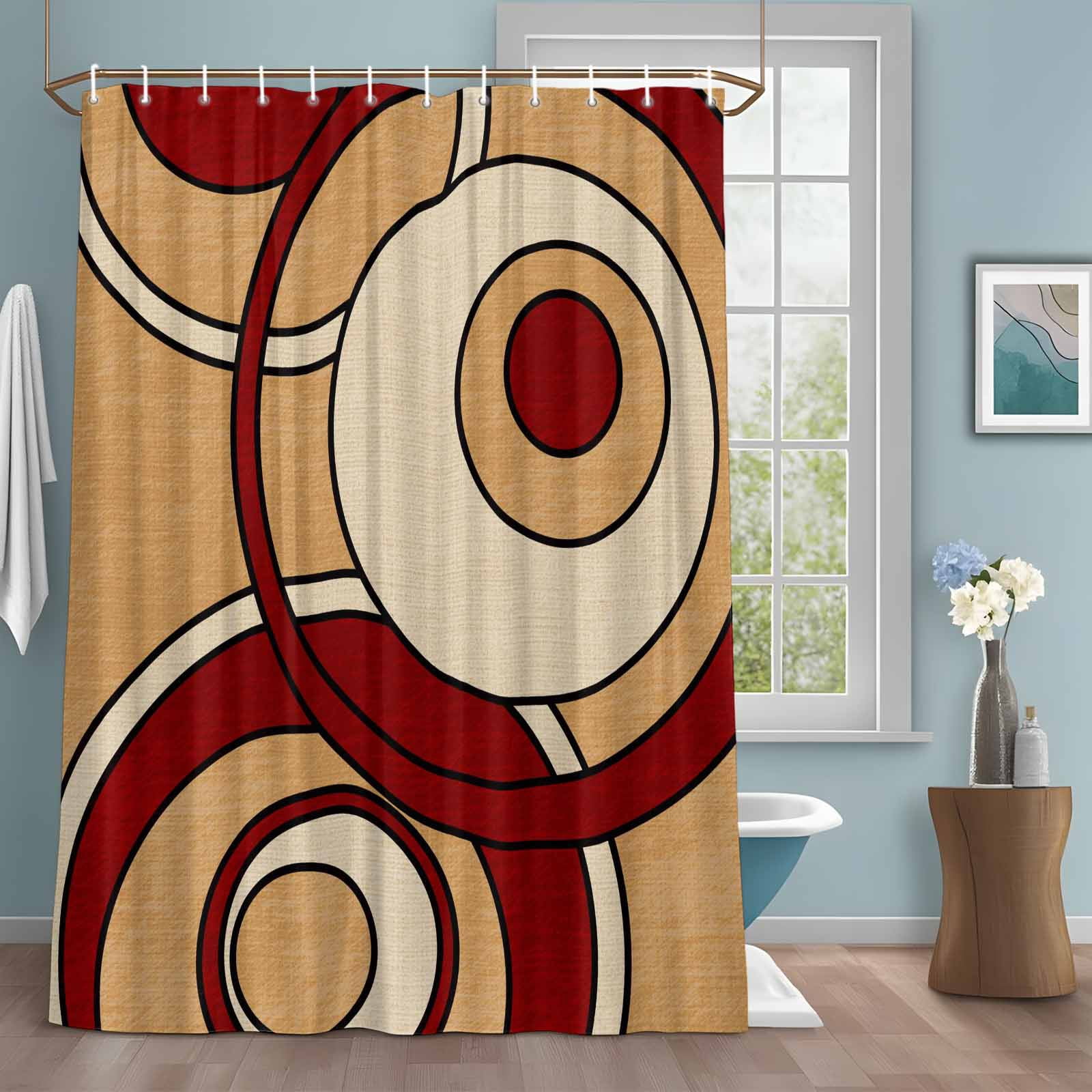 Abstract Nested Rings Shower Curtain with Hooks, Retro Red Cream ...