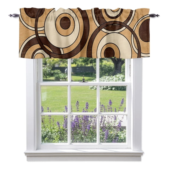 Abstract Nested Rings Window Valance for Kitchen, Retro Brown Cream Concentric Circles Rod Pocket Short Curtains for Bathroom Bedroom Small Window, Light Filtering Decorative Valances, 42 x 18 Inches