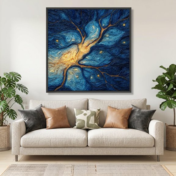 Abstract Neural Network Art Blue Gold Swirl Wall Art Modern Brain Artwork Home Decor Office Wall Art