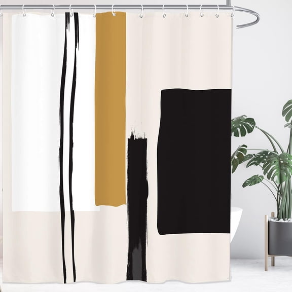 Abstract Neutral Extra Long Bathroom Shower Curtain 71W by 78H Inch Geometric Black Beige Painting Minimalist Modern Tan Contemporary Polyester Fabric 12 Plastic Hooks Waterproof Decor