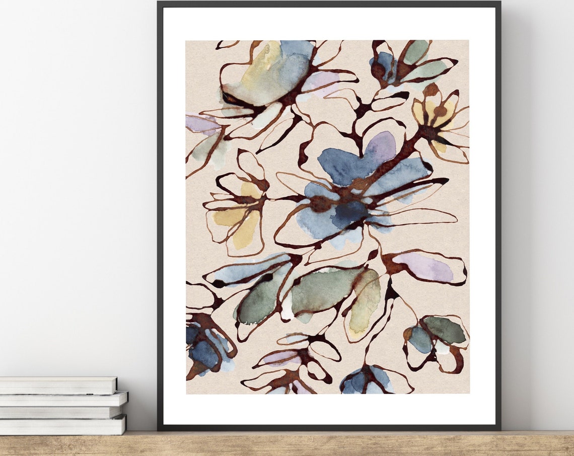 Abstract Neutral Watercolor Floral Botanical Wall Art Flower Boho Line ...