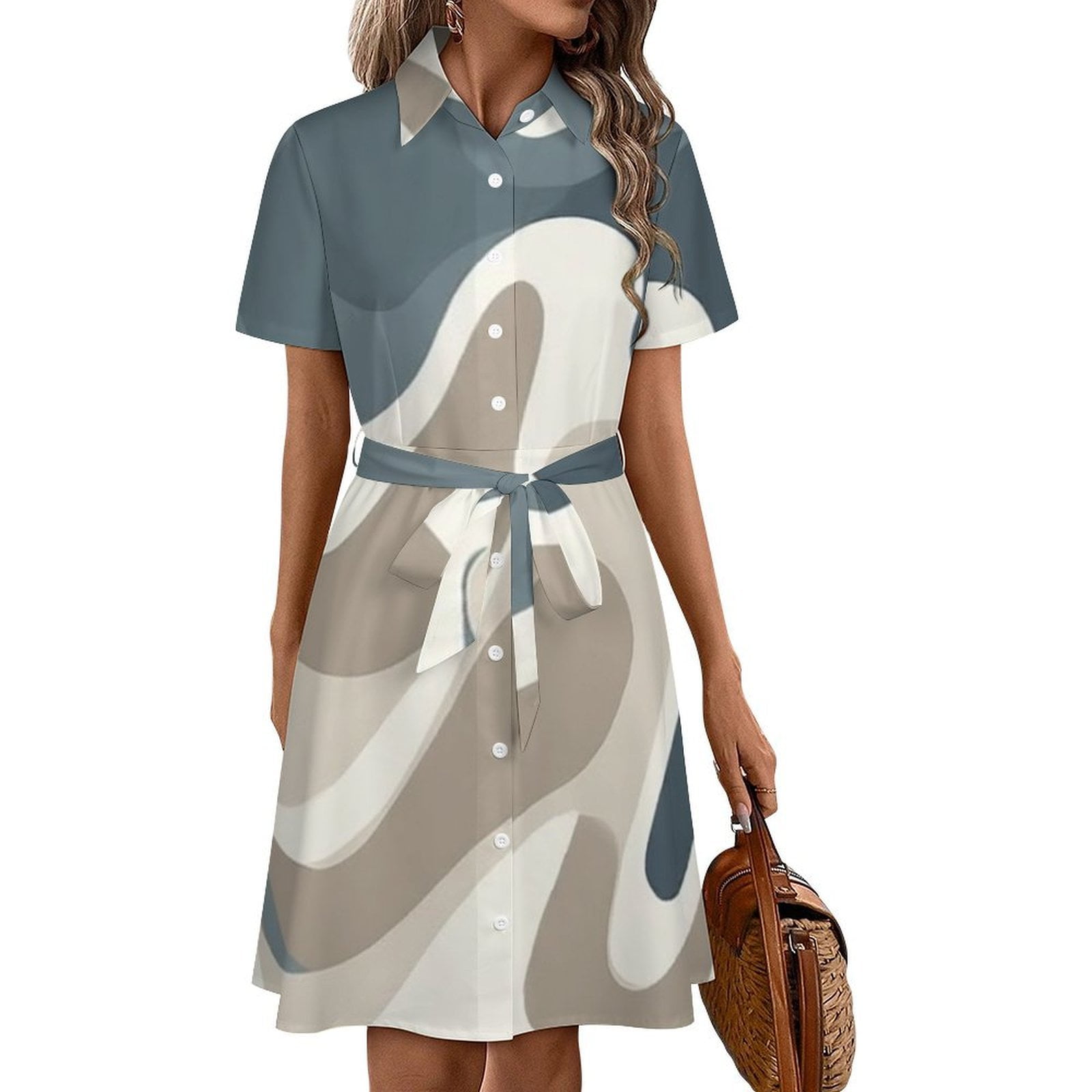 Abstract Printed Waist Cut Out Designed Women Shirt Dress main image 1