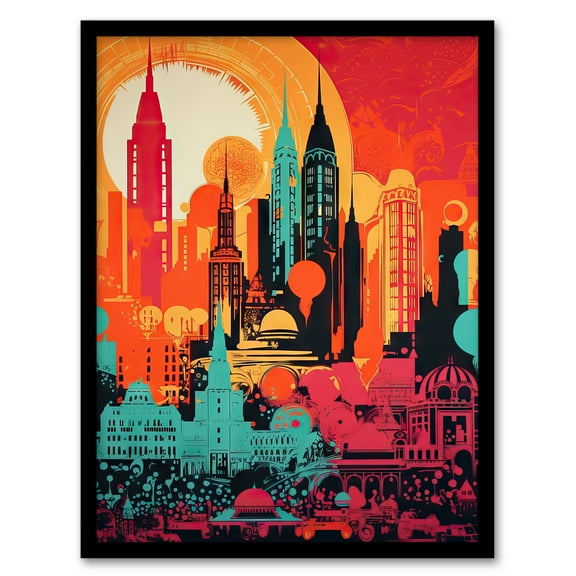 Abstract New York City Cityscape Artwork Sunrise Red Yellow Turquoise Vibrant Bold Bright Colourful Painting Artwork Framed Wall Art Print A4