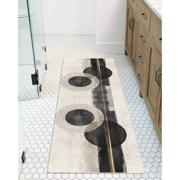 Abstract Non-Slip Bathtub Mat, Mottled Geometric Black Gold Stripe Circle Moon PVC Bath Mat for Tub Quick Drying Shower Mats for Inside Shower, Foot Scrubber Loofah Bathroom Mats 47x16 Inches