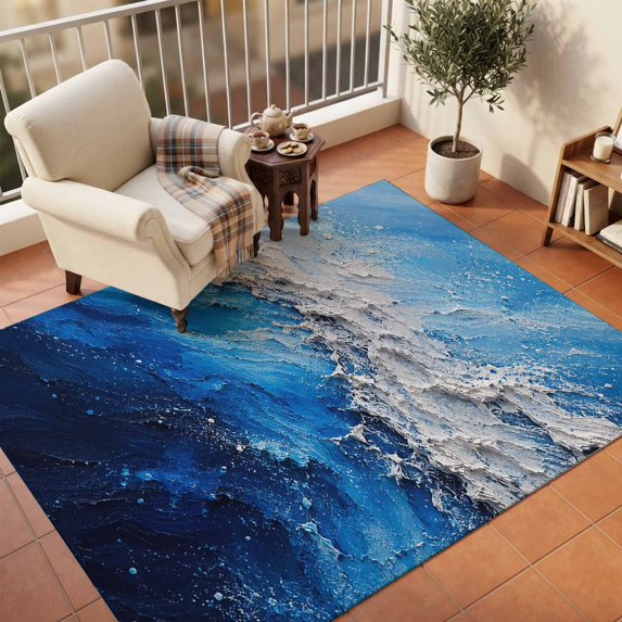 Abstract Ocean Area Rugs 8'x10', Washable Small Throw Rugs for Living Room Patio, Coastal Beach Sea Blue White Modern Art Indoor Outdoor Rug Non-Slip Low Pile Carpet Runner Reversible Floor Mats