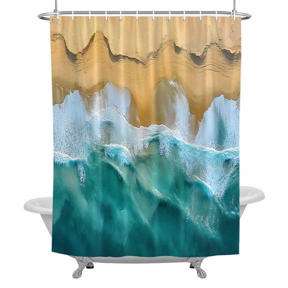 Abstract Ocean Beach Bathroom Shower Curtain, Blue Sea Wave Sand Modernism Waterproof Washable Soft Bath Curtain for Bathtub Decor with 12 Hooks&Grommet, 36x72 Inch