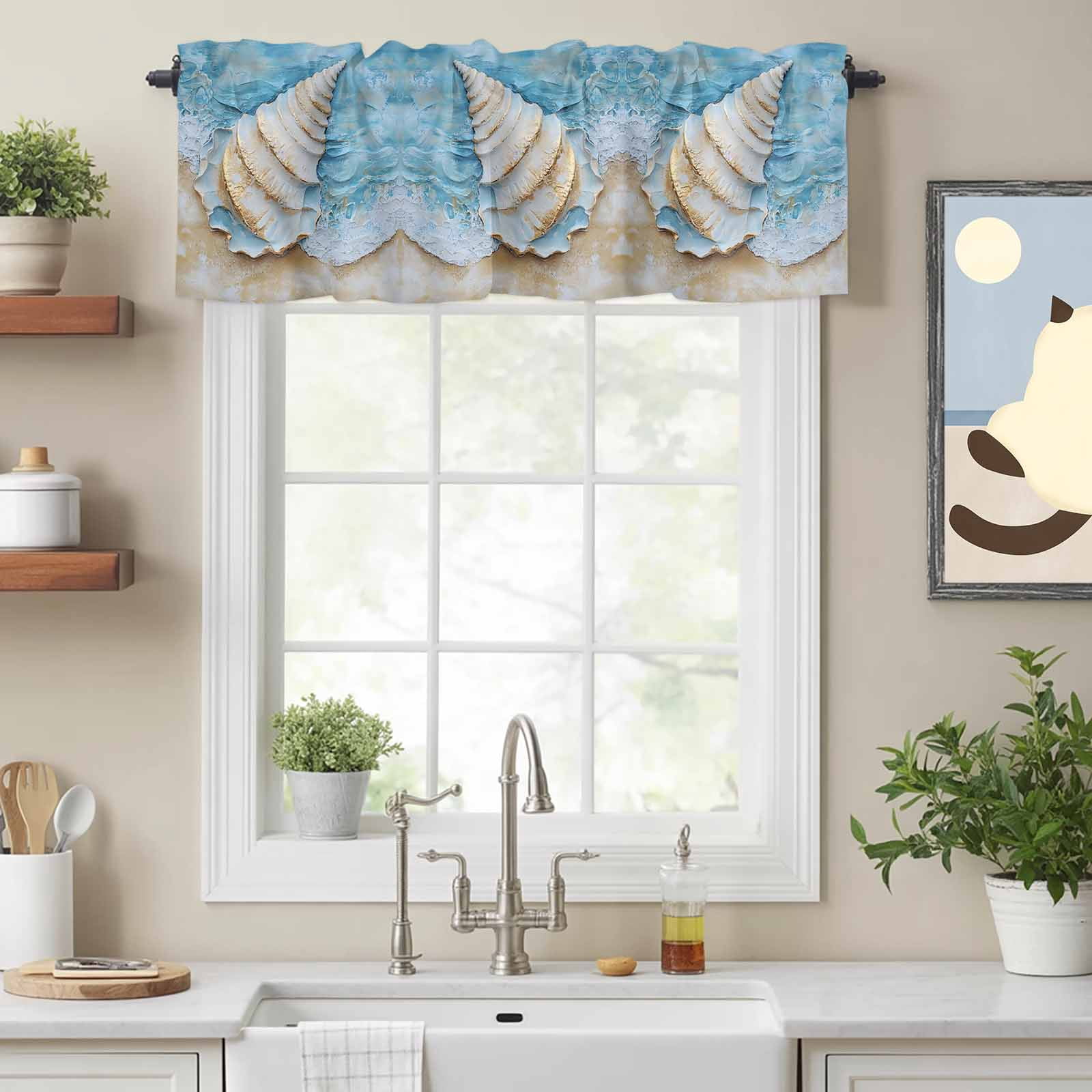 Abstract Ocean Beach Conch Valances for Windows,Kitchen Valance Rod ...