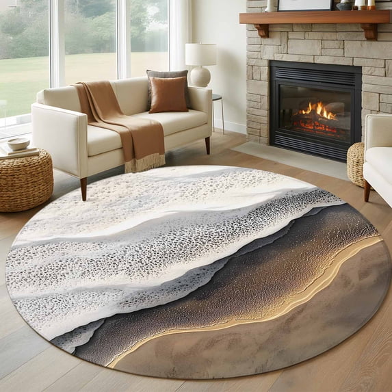 Abstract Ocean Beach Round Living Room Rugs 7 ft, Brown White Gradient Coastal Seaside Washable Area Rug with Non-Slip Sturdy Edge Binding Round Carpet for Kitchen Office Bedroom