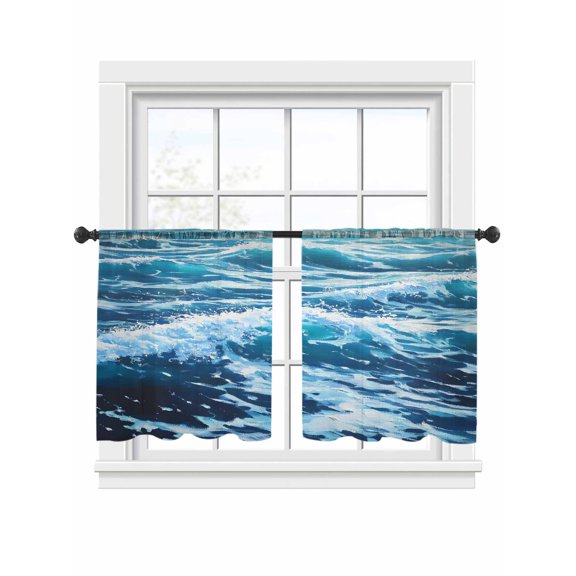 Abstract Ocean Beach Wave Sheer Curtains 54 Inch Long 2 Panels, Modern Blue Marine Light Filtering Rod Pocket Curtains, Sheer Voile Drapes for Living Room Bedroom, 52"x54"