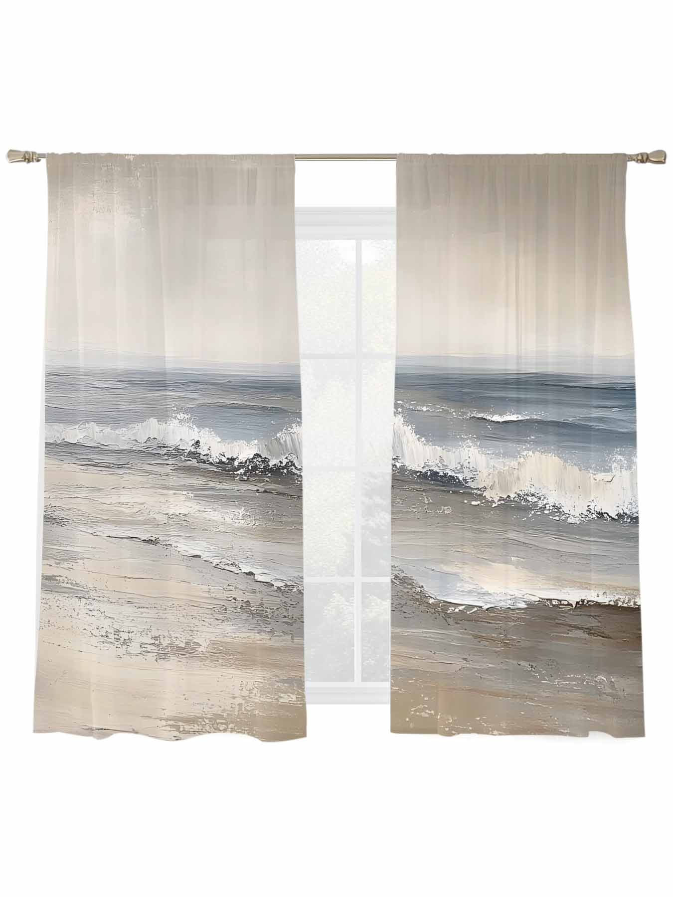 Abstract Ocean Beach Wave Sheer Curtains 72 Inch Long 2 Panels, Oil ...