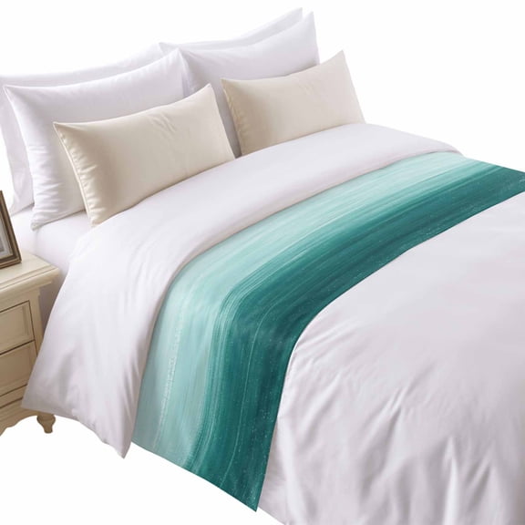 Abstract Ocean Bed Runner for Twin Size Bed, Teal Gradient Oil Painting Texture Soft Bedding Scarf Bedding Protector Slipcover Sofa Throw for Bedroom Hotel Guesthouse