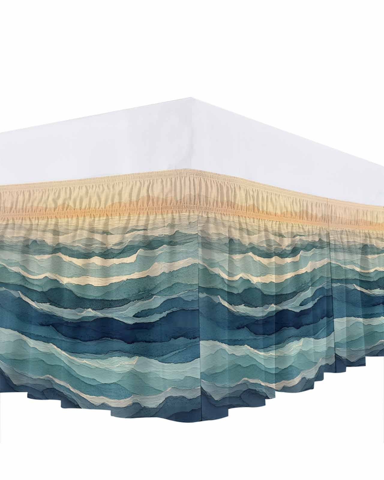 Abstract Ocean Bed Skirt California King Size 18 Inch Drop, Dark Blue Ripple Sunset Minimalist Art Wrap Around Dust Ruffle Bedskirts, Easy Fit Bedskirt with Adjustable Elastic