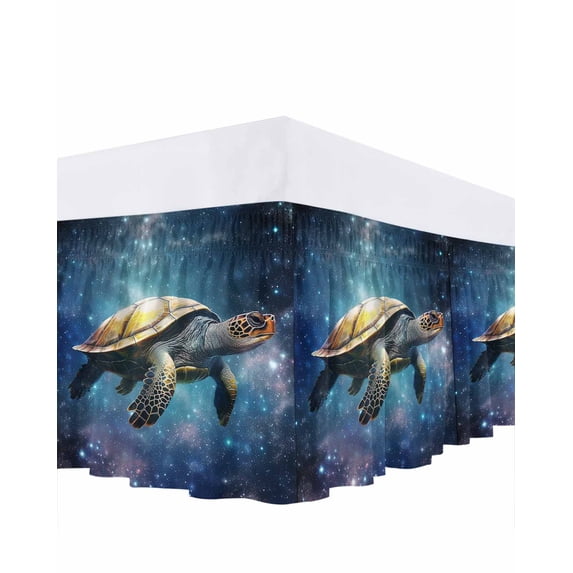 Abstract Ocean Bed Skirt Queen Size 16" Drop Sea Turtle in Starry Night Ruffled Wrap Around Bed Skirts Adjustable Elastic Bedskirt Dust Ruffle for Queen Size Bed
