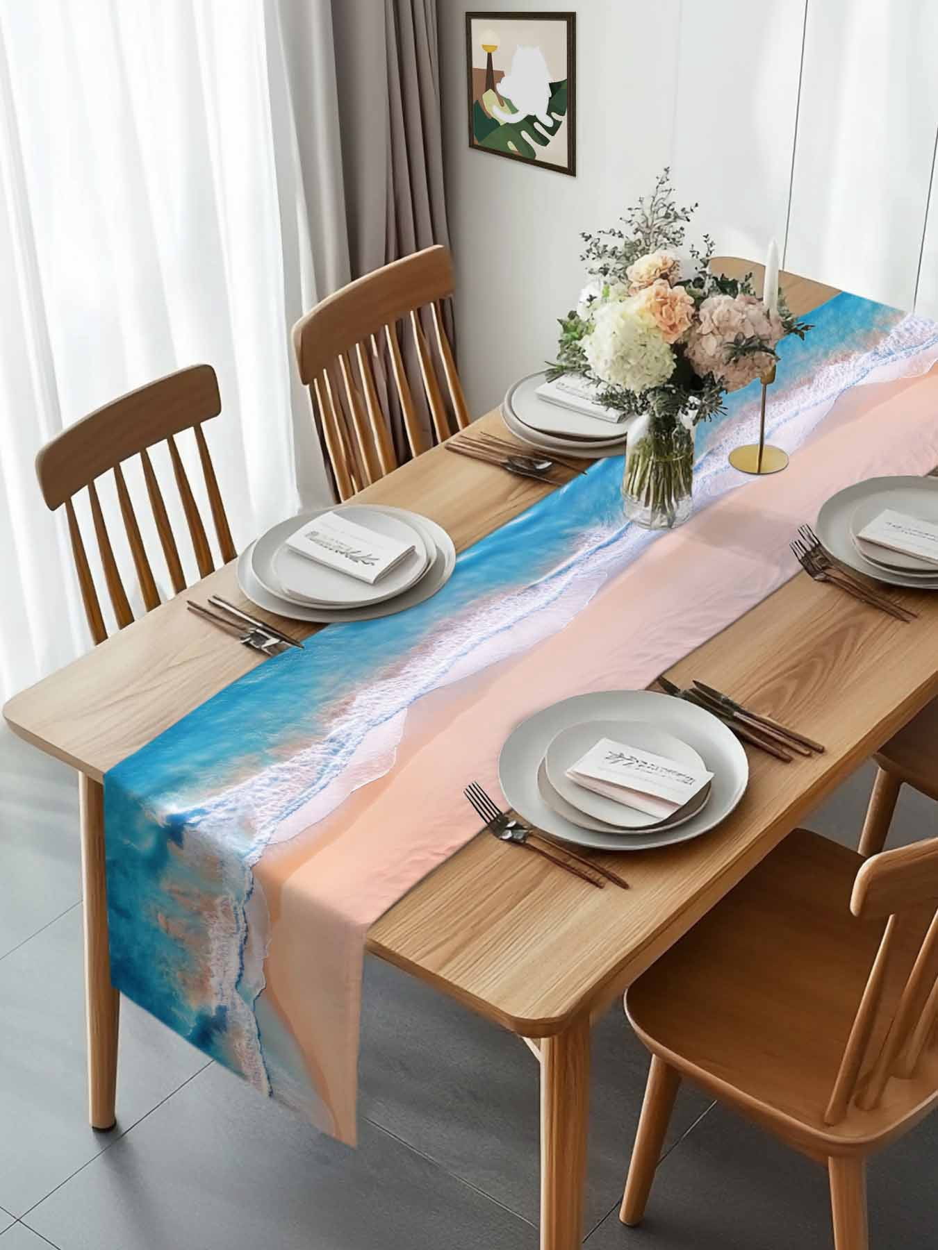Abstract Ocean Coastal Beach Table Runner 90 Inches Long, Summer Blue White Sea Wave Painting Table Runners Tabletop Scarf Kitchen Dining Tables Decoration for Home Party Indoor Outdoor