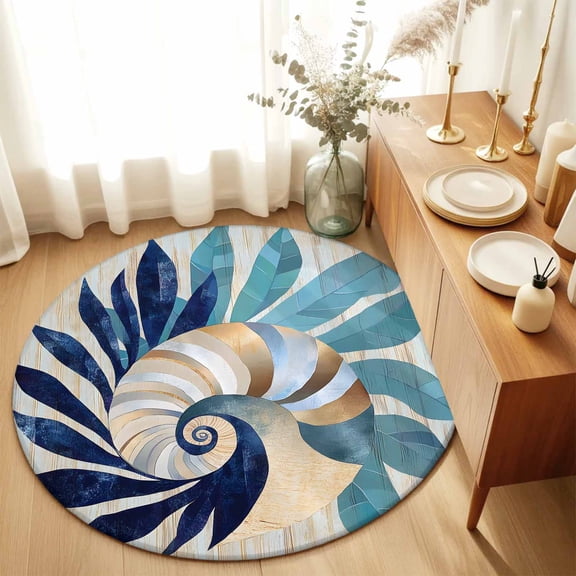 Abstract Ocean Conch Leaves Round Area Rug 3ft,Living Room Rug Non-Slip Washable Circle Rugs Pad,Blue Teal Foliage Marine Theme Soft Floor Carpet for Bedroom Dining Room