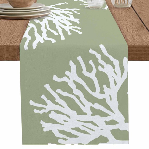 Abstract Ocean Coral on Sage Green Table Runner-36 Inch Long Summer Marine Life Table Runners Linen Burlap Tablerunner for Kitchen Dining Room Holiday Party